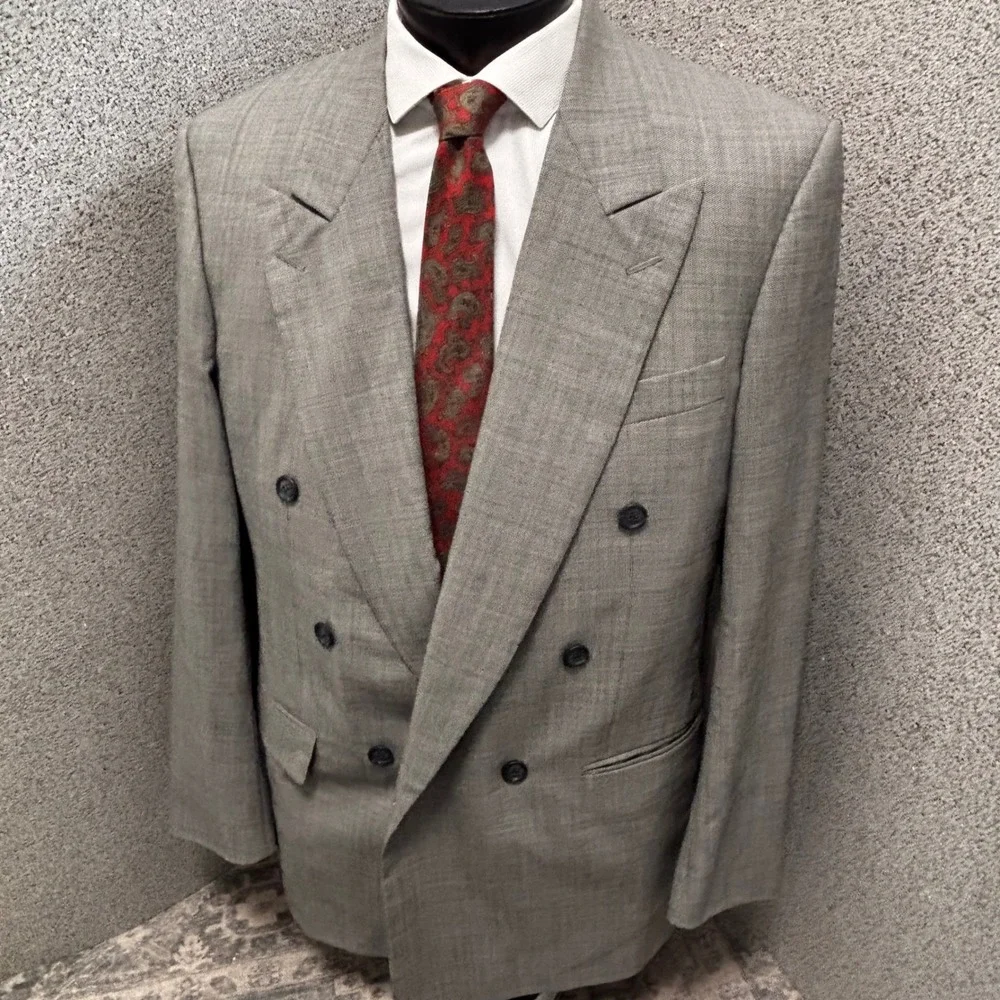 Harry Rosen Tilford Samuelsohn 42L Double Breasted Blazer Wool Jacket Gray Micro